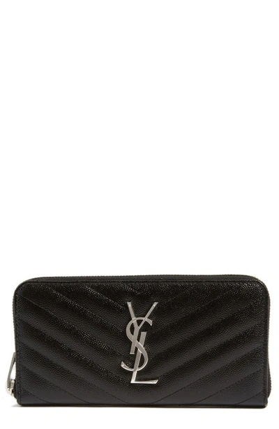 Shop Saint Laurent 'monogram' Zip Around Quilted Calfskin Leather Wallet In Noir