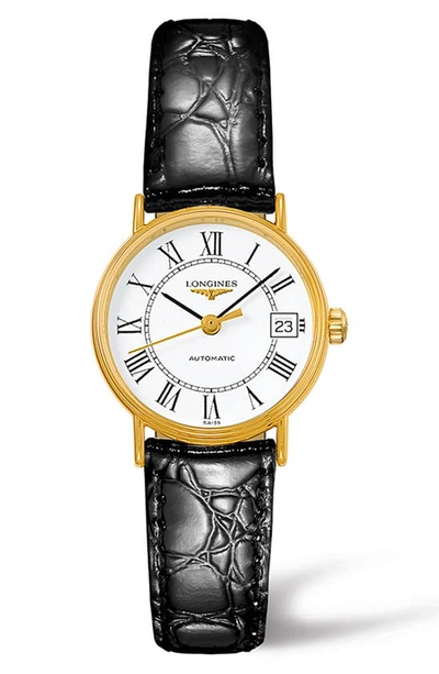 Shop Longines Présence Automatic Leather Strap Watch, 25.5mm In Black/ White/ Gold