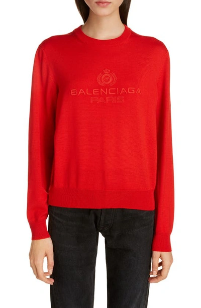 Shop Balenciaga Logo Embroidered Wool Sweater In Red/ Red