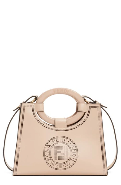 Shop Fendi Runaway Perforated Double-f Logo Leather Shopper In Cloud/ Soft Gold