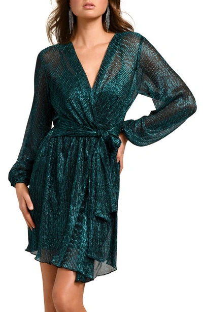 Shop Ever New Silvia Long Sleeve Metallic Plisse Wrap Minidress In Emerald Green