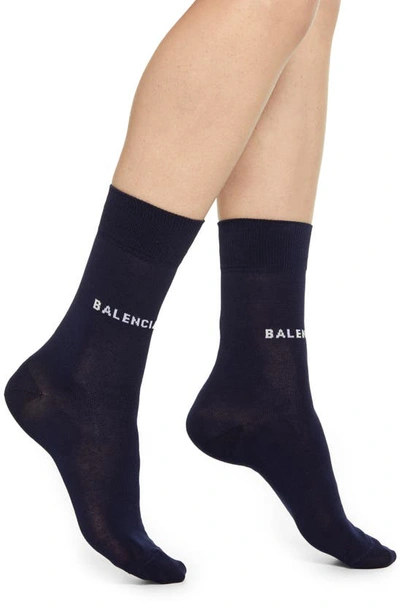 Shop Balenciaga Classic Logo Cotton Blend Socks In Midnight Blue/ White