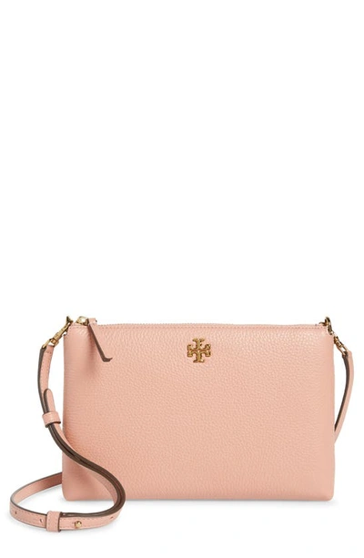 Shop Tory Burch Kira Pebbled Leather Wallet Crossbody Bag In Pink Moon