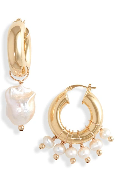 Shop Eliou Enzo Mismatched Baroque Pearl Charm Hoops In Gold