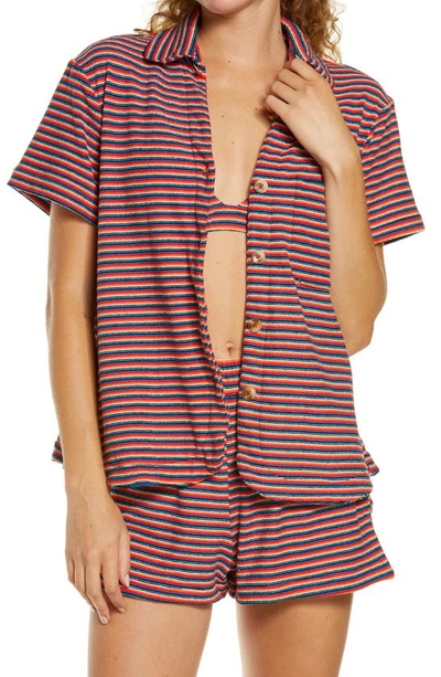 Shop Frankies Bikinis Coco Stripe Terry Cover-up Top In Sunset Stripe