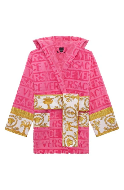 Shop Versace Barocco Hooded Short Bathrobe In Pink
