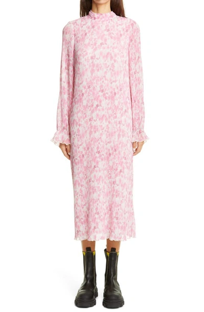 Ganni Floral Long Sleeve Plisse Georgette Midi Dress In Pink | ModeSens