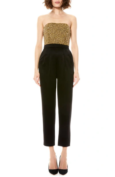 Shop Alice And Olivia Jeri Sequin Bodice Strapless Jumpsuit In Black/ Gold