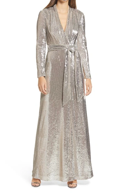 Shop Badgley Mischka Long Sleeve Sequin Evening Gown In Pewter