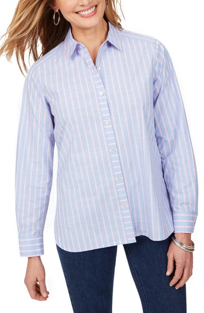 Shop Foxcroft Anya Stripe Non-iron Cotton Blend Tunic Blouse In Blue Buoy