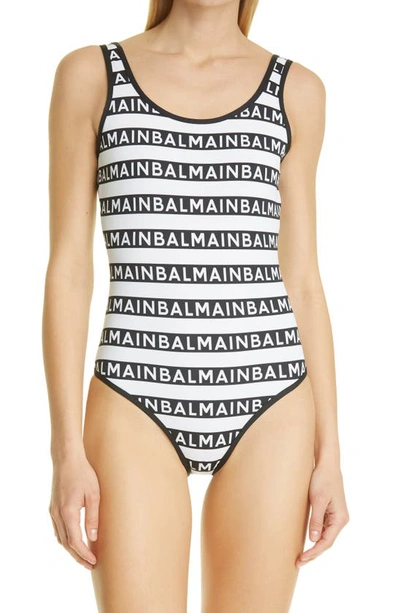 Shop Balmain Logo Stripe One-piece Swimsuit In Black/ White