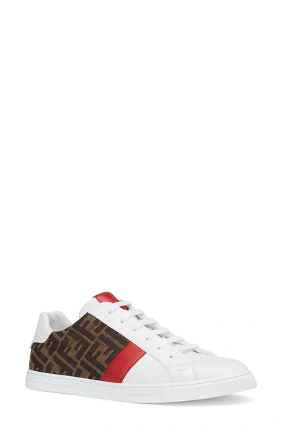 Shop Fendi Ff Logo Low Top Sneaker In White/rosso