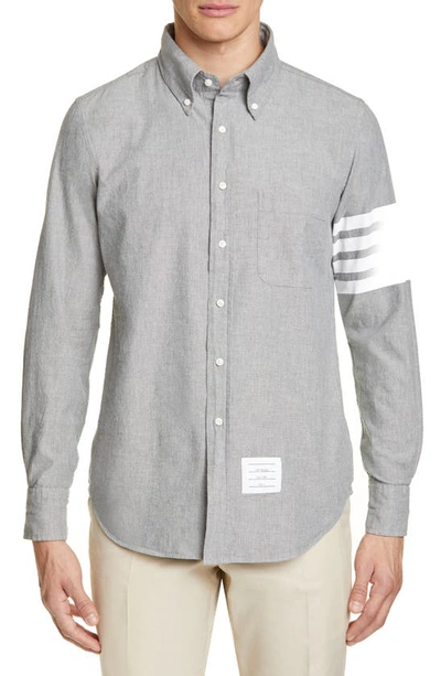 Shop Thom Browne 4-bar Straight Fit Chambray Button-down Shirt In Grey