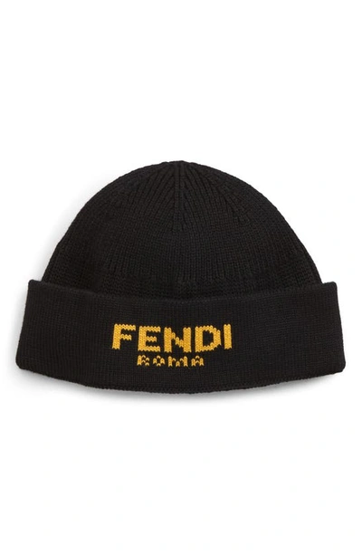 Shop Fendi Roma Logo Cotton & Cashmere Beanie In Black Yellow