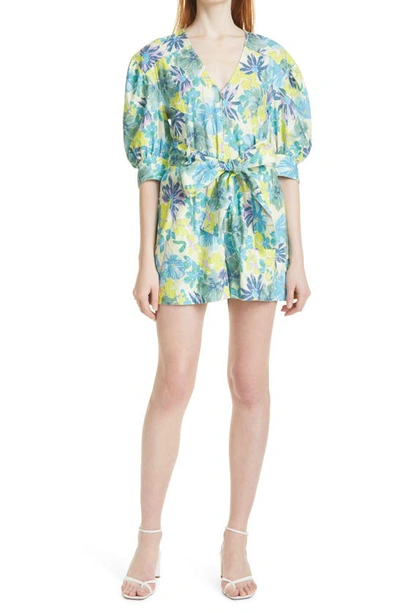 Shop Tanya Taylor Becky Floral Belted Romper In Hibiscus Floral Neon Yellow