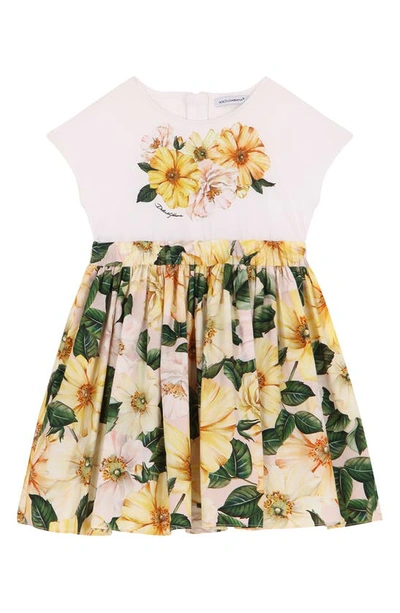 Shop Dolce & Gabbana Kids' Camellia Print Jersey & Poplin Dress In Variante Abbinata