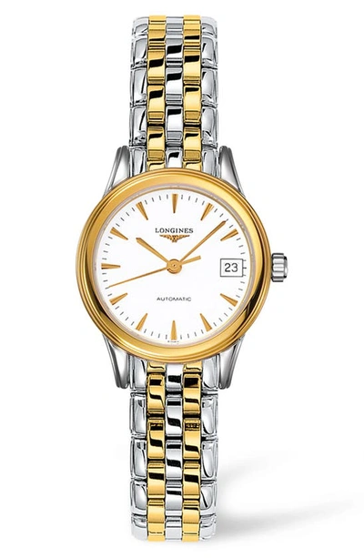 Shop Longines Flagship Automatic Bracelet Watch, 26mm In Silver/ White/ Gold