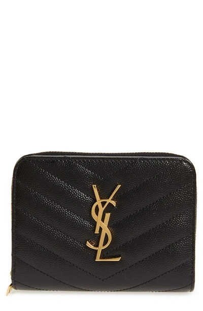 Shop Saint Laurent Monogramme Compact Quilted Zip Around Wallet In Noir