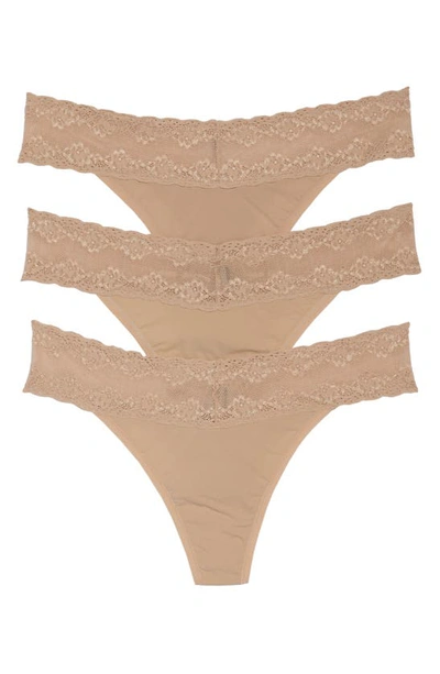 Shop Natori Bliss 3-pack Perfection Lace Trim Thongs In Cafe