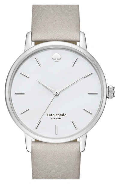 Shop Kate Spade 'metro' Round Leather Strap Watch, 34mm In Grey/ Mother Of Pearl