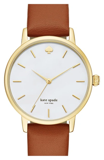 Shop Kate Spade 'metro' Round Leather Strap Watch, 34mm In Brown/ Mother Of Pearl
