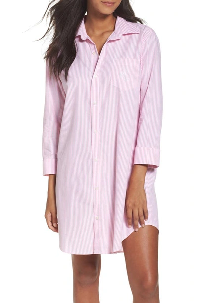 Shop Lauren Ralph Lauren Cotton Poplin Sleep Shirt In Stripe Lagoon Pink/ White