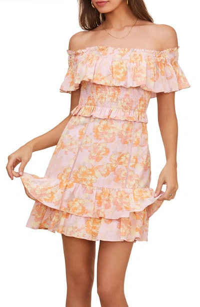 Shop Astr Riviera Floral Off The Shoulder Minidress In Pink Papaya Floral