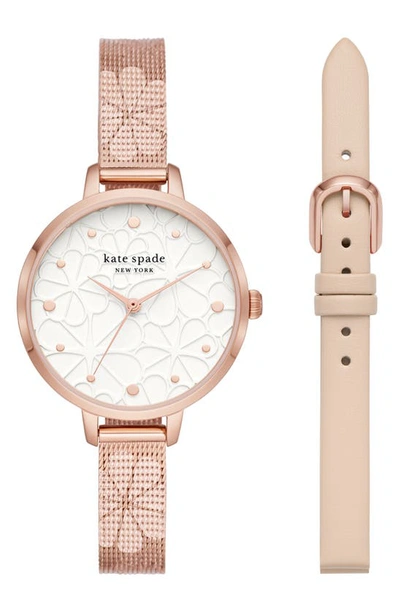Shop Kate Spade Metro Watch Gift Set, 34mm In Rose Gold/ White/ Rose Gold