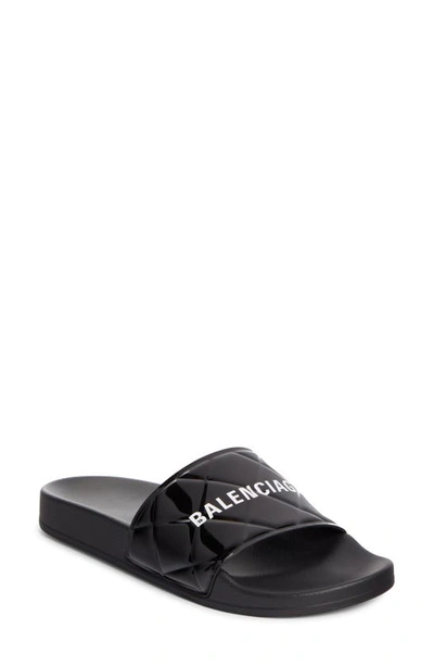 Shop Balenciaga Patent Leather Slide Sandal In Black/ White