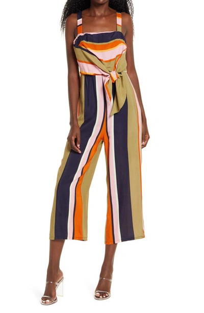 Shop 4si3nna Shane Tie Front Crop Jumpsuit In Sage-pink Multi Stripe