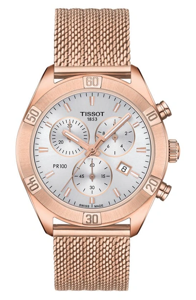 Shop Tissot Pr 100 Sport Chic Chronograph Mesh Bracelet Watch, 36mm In Rose Gold/ Silver/ Rose Gold