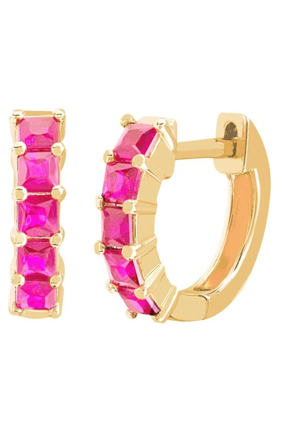 Shop Ef Collection Single Princess Huggie Hoop Earrings In Pink Sapphire/ Yellow Gold