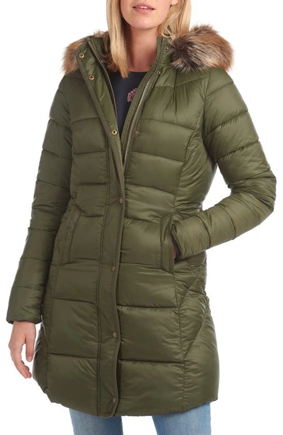 Shop Barbour Jamison Hooded Puffer Parka With Faux Fur Trim In Olive