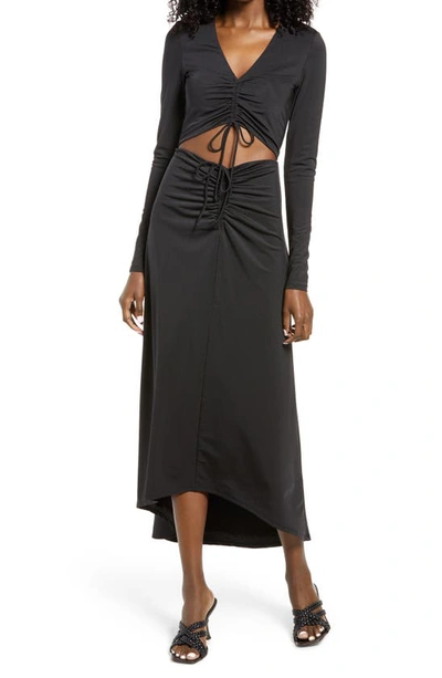 Shop Afrm Rhys Cutout Long Sleeve Midi Dress In Noir
