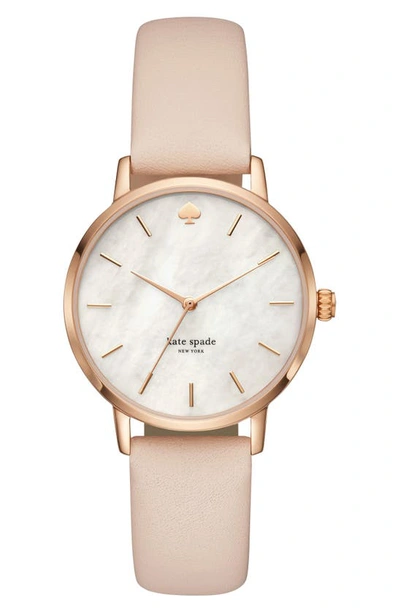 Shop Kate Spade Metro Leather Strap Watch, 34mm In Beige/ Mop/ Rose Gold