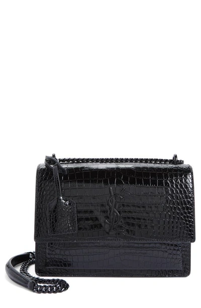 Shop Saint Laurent Medium Sunset Croc Embossed Leather Shoulder Bag In Noir