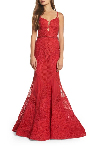 Shop Mac Duggal Embellished Lace Mermaid Gown In Red