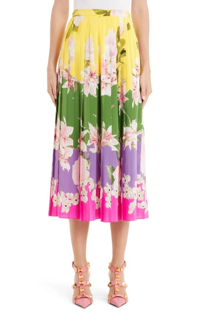 Shop Valentino Floral Pleated Silk Skirt In Multicolor