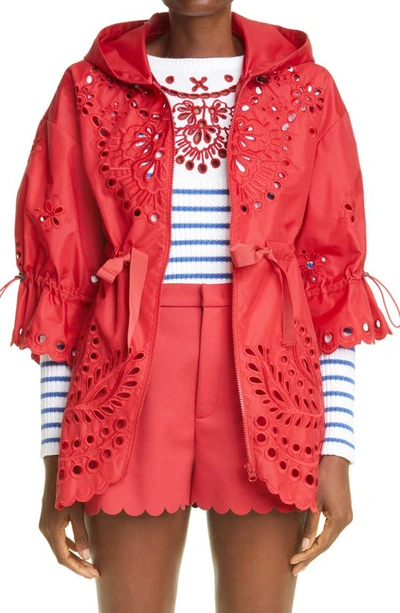 Shop Red Valentino Eyelet Embroidered Hooded Jacket In Cherry
