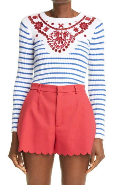 Shop Red Valentino Stripe Broderie Anglaise Knit Top In Bianco/ Azzurro