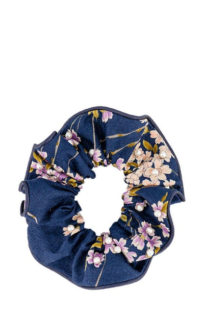 Shop Alexandre De Paris Beaded Floral Scrunchie In Navy Blue