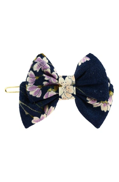 Shop Alexandre De Paris Flowered Bow Hair Clip In Navy Blue