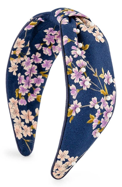 Shop Alexandre De Paris Floral Embellished Knotted Headband In Navy Blue