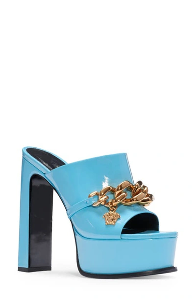 Shop Versace Medusa Chain Platform Slide Sandal In Light Blue