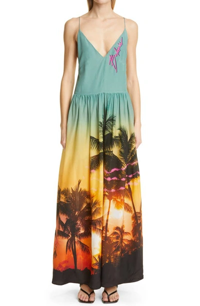Shop Balmain Sunset Print Silk Maxi Cover-up Dress In Multi Print