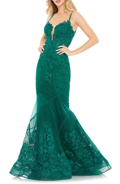 Shop Mac Duggal Embellished Lace Mermaid Gown In Emerald