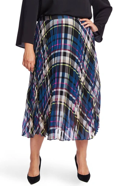 Shop Vince Camuto Plaid Pleated Midi Skirt In Deacon Blue