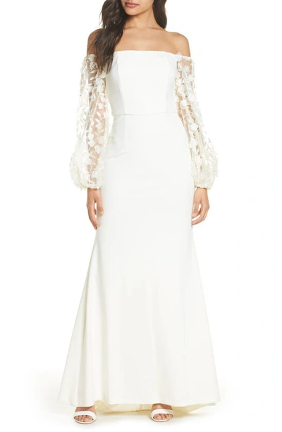 Shop Eliza J Off The Shoulder 3d Floral Sleeve Scuba Crepe Evening Dress In Ivory