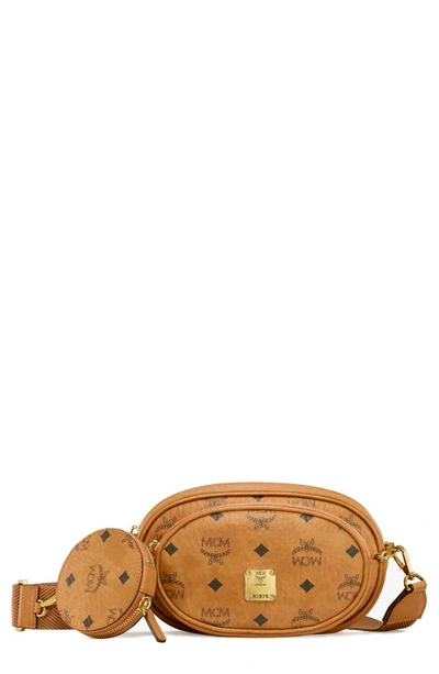 Shop Mcm Essential Visetos Original Triple Belt Bag In Cognac