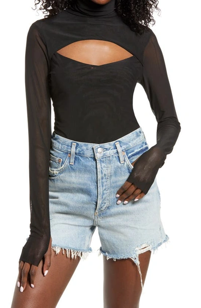 Shop Afrm Dawn Cutout Turtleneck Knit Top In Noir